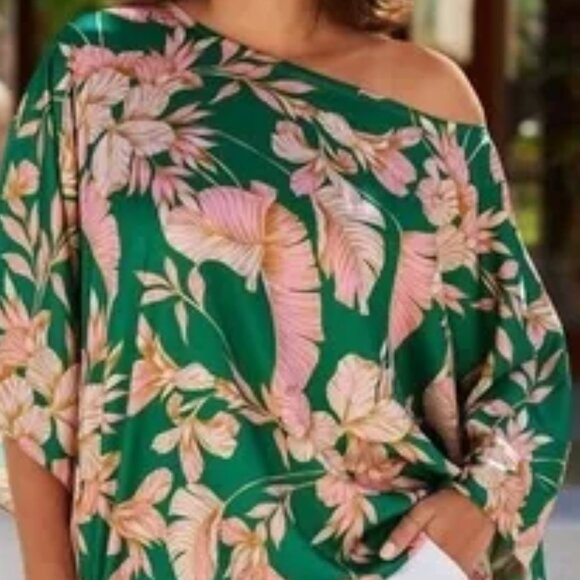 Boston Proper Tropical Slouchy Charmeuse Palm Blouse Top L/XL - Picture 3 of 9